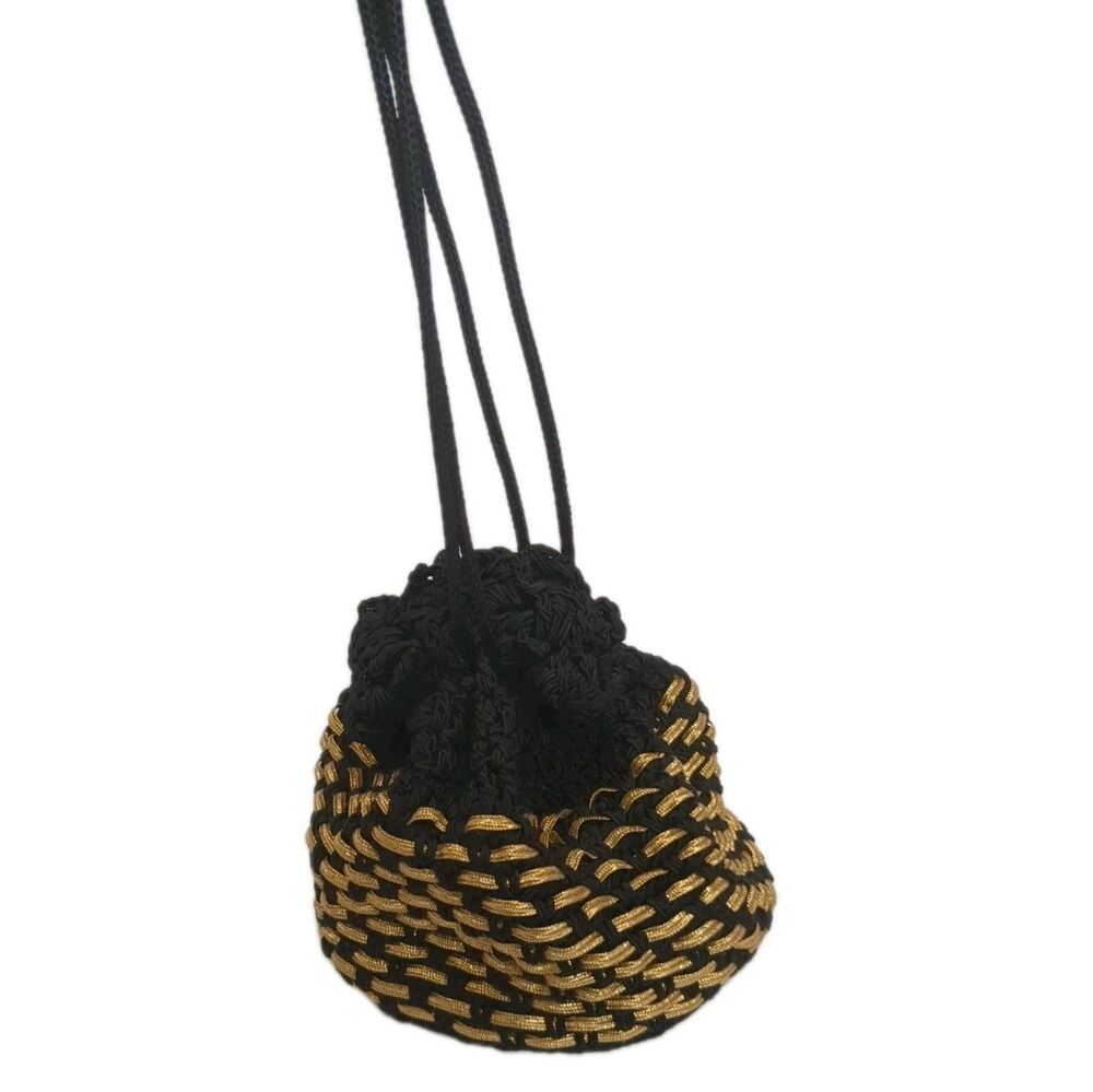 Vintage Drawstring Hand Crocheted Purse Bucket Bag Black / Gold
